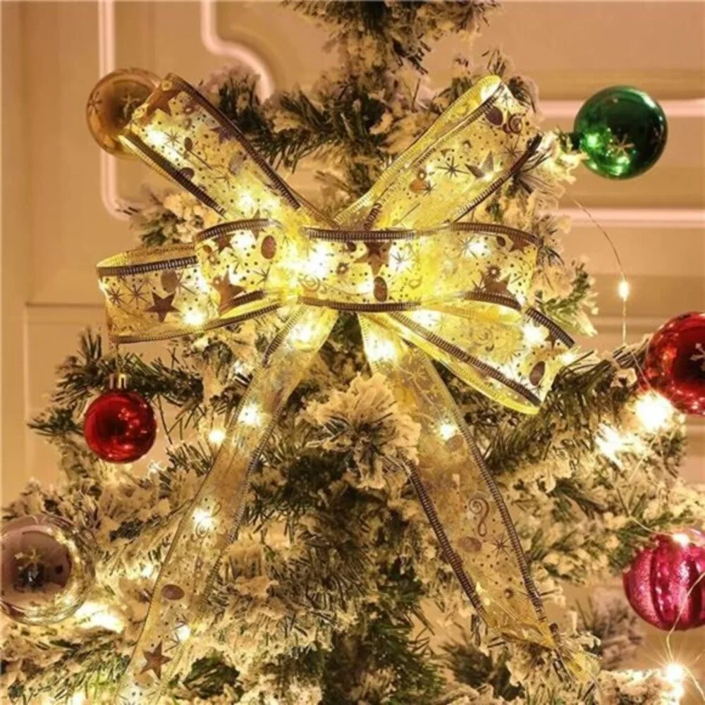 32ft 100 LED Christmas Tree String Lights with Gold Ribbon Bows -Battery Powered